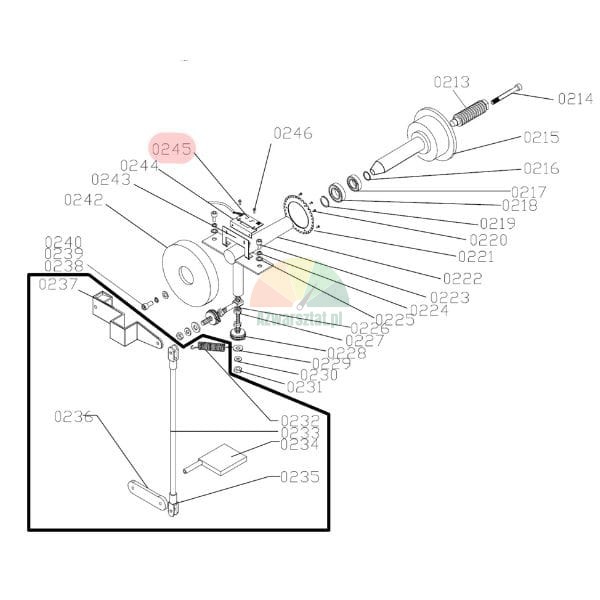 Technical diagram showing an exploded view of a mechanical assembly with numbered parts 0213 to 0246 and part 0245 highlighted.