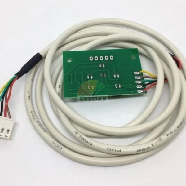 Green PCB circuit board with a soldered white cable and a connector on a white background.