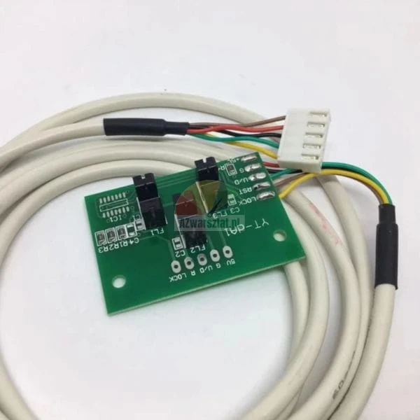 Green printed circuit board YT-DA1 with electronic components, sensors, and a white cable with a connector.