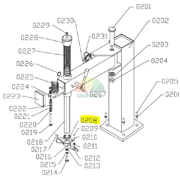 Technical diagram of a mechanical arm assembly with numbered parts and part 0208 highlighted in yellow.