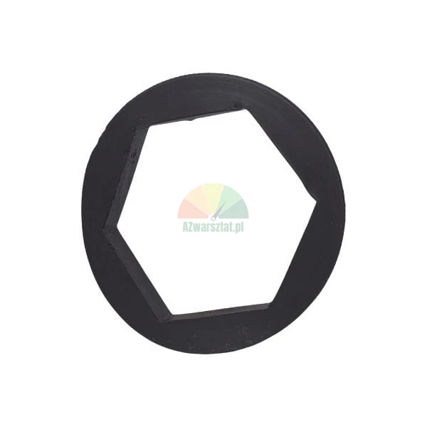 Black rubber gasket or bushing with a circular outer shape and a hexagonal inner hole on a white background.