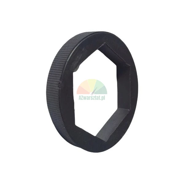 Black ring adapter with a hexagonal inner hole and a knurled outer edge