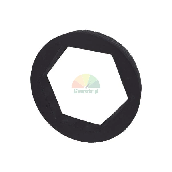 Black rubber gasket with a hexagonal hole and knurled outer edge on a white background.