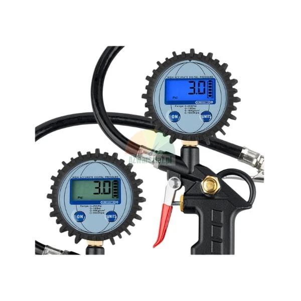 Digital tire inflator pressure gauge with LCD display showing 3.0 PSI and a black air hose.