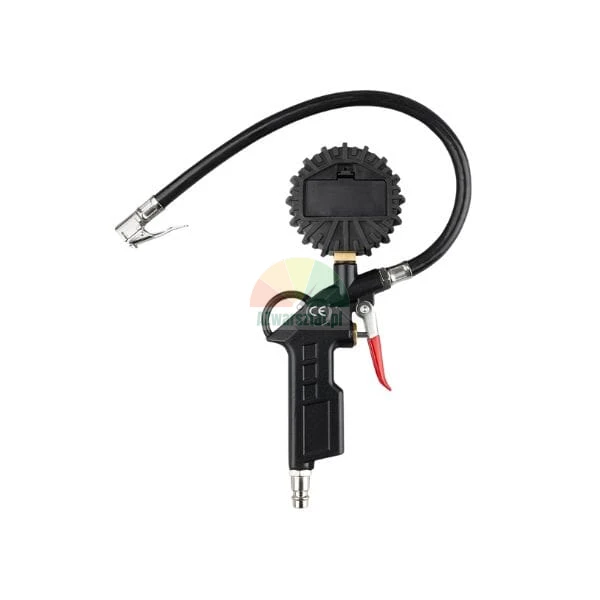 Digital tire pressure gauge and inflator gun with flexible hose.