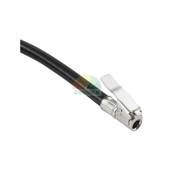 Black hose with a metal clip-on connector for tire inflation.