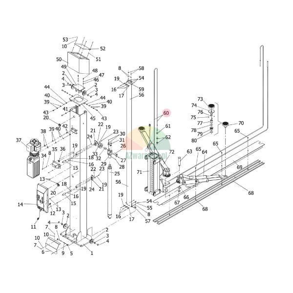 Technical exploded view diagram of a column lift with numbered spare parts.