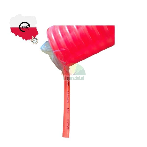 Red flexible pneumatic hose 8x5mm, shown on a white background with a 24h shipping icon from Poland.
