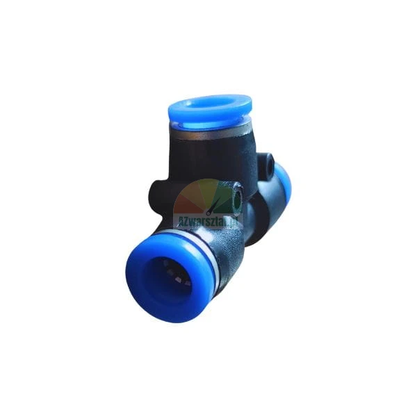 Black and blue T-shaped pneumatic push-in fitting with three ports.