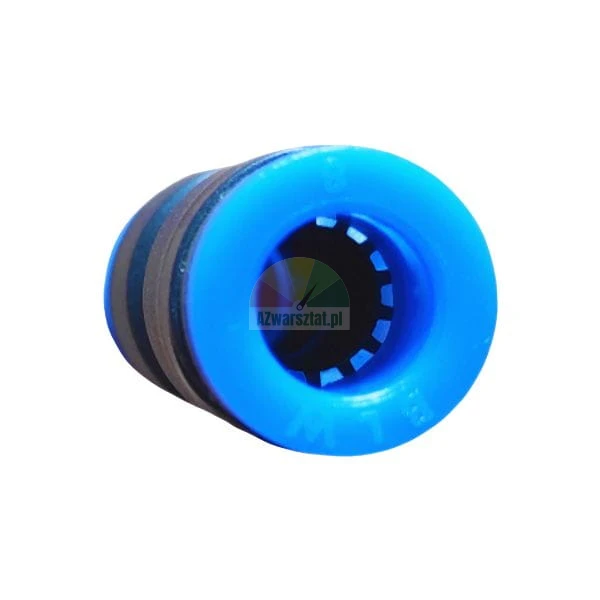 Close-up of a blue pneumatic push-in connector fitting with internal grip ring