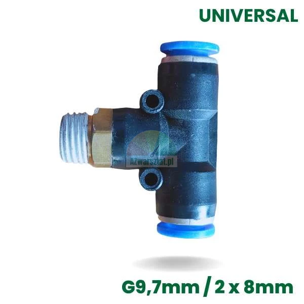 Pneumatic T-connector with 9.7mm thread and two 8mm push-in fittings