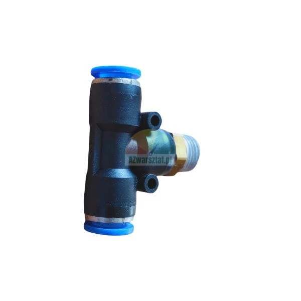 Pneumatic T-shaped push-in fitting with blue release rings and threaded male connection.