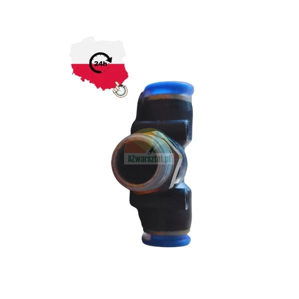 Pneumatic push-in T-fitting with external thread, black and blue colors, with 24h shipping from Poland icon.