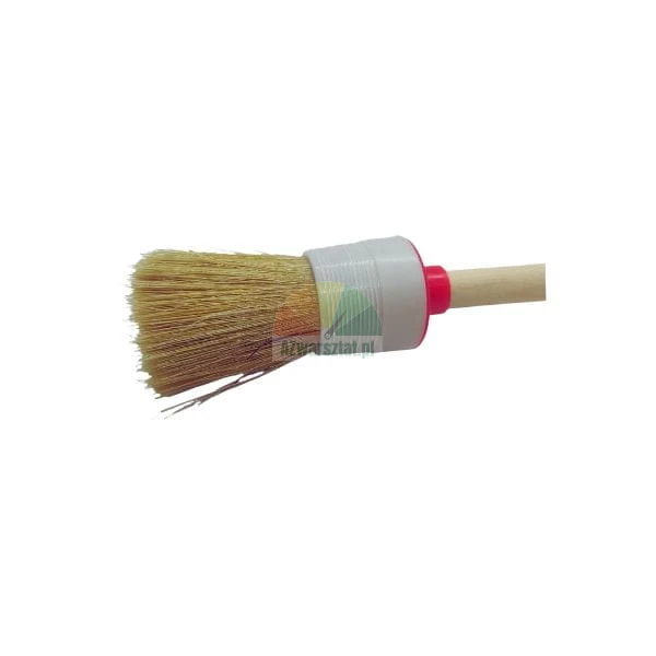 Round paint brush with natural bristles, white ferrule, and wooden handle on a white background.