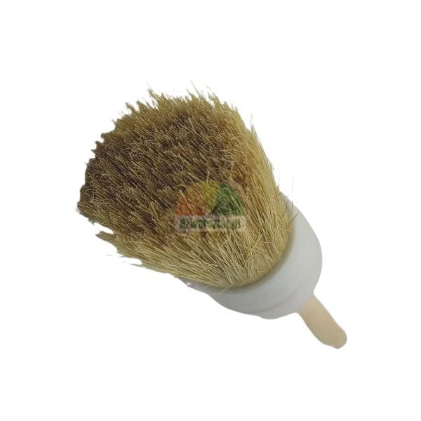 Small round brush with dense natural bristles and white handle