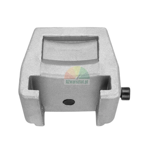 Silver metal mounting bracket with a black locking screw on a white background.