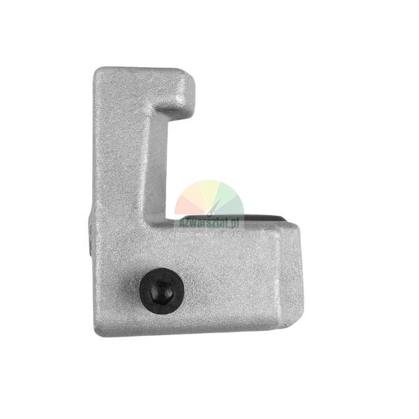 Silver L-shaped metal mounting bracket with a black hex screw on a white background.