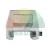 Silver metal mounting clamp with a black pressure screw front view on a white background