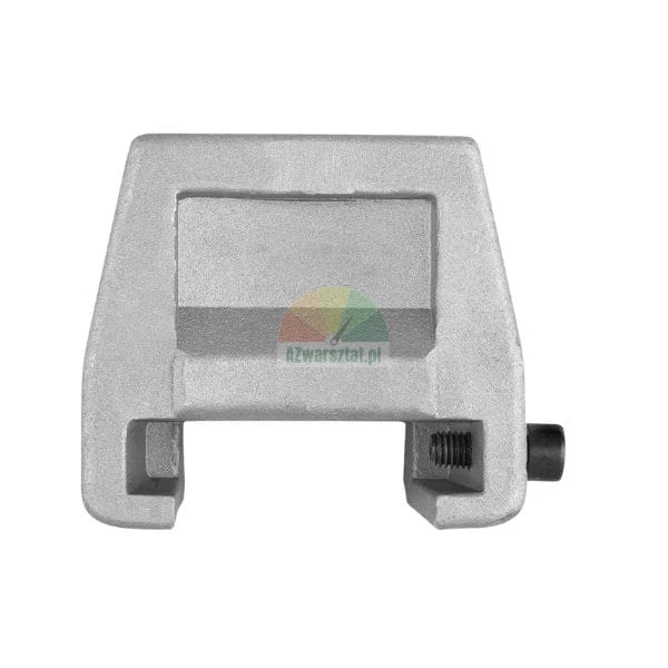 Silver metal mounting clamp with a black pressure screw front view on a white background