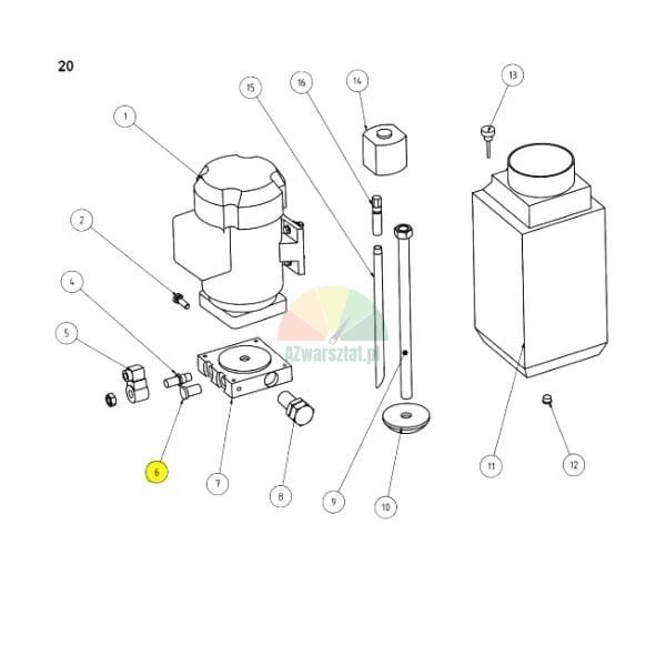 Technical drawing in exploded view with numbered components, where item 6 is highlighted in yellow.