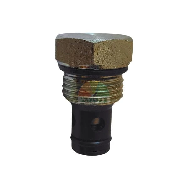 Hydraulic cartridge valve with hexagonal head, threaded body, and O-ring seal on a white background.