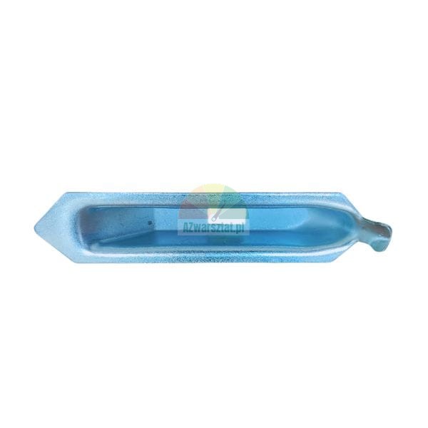 Long recessed metal handle in light blue metallic finish.