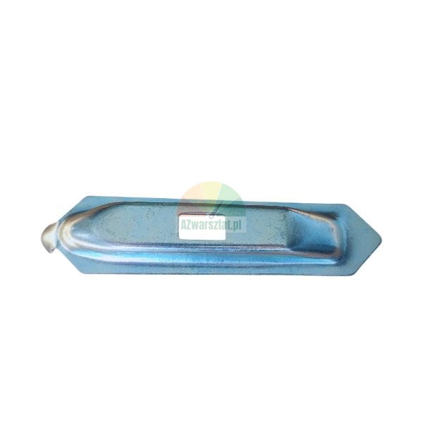 Galvanized metal spring plate with a rectangular hole, component for door handle or lock.