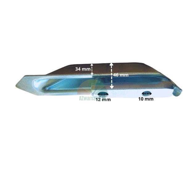 Side view of a metal plow point with technical dimensions: 34 mm, 46 mm, 12 mm and 10 mm.