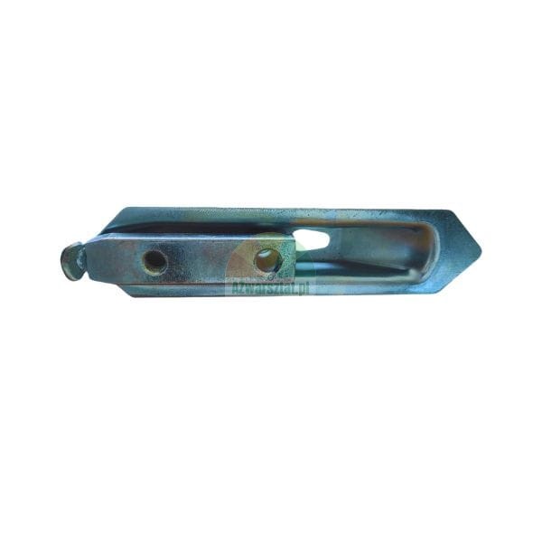 Metal agricultural machinery part, cultivator point or chisel with mounting holes, side view.