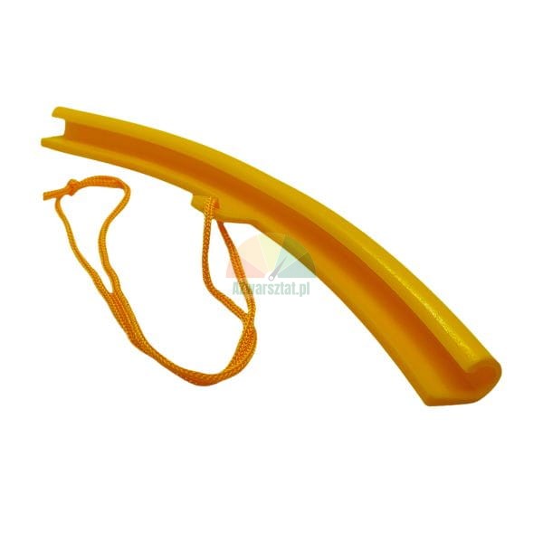 Orange plastic edge protector for cargo straps, featuring an attached safety cord.