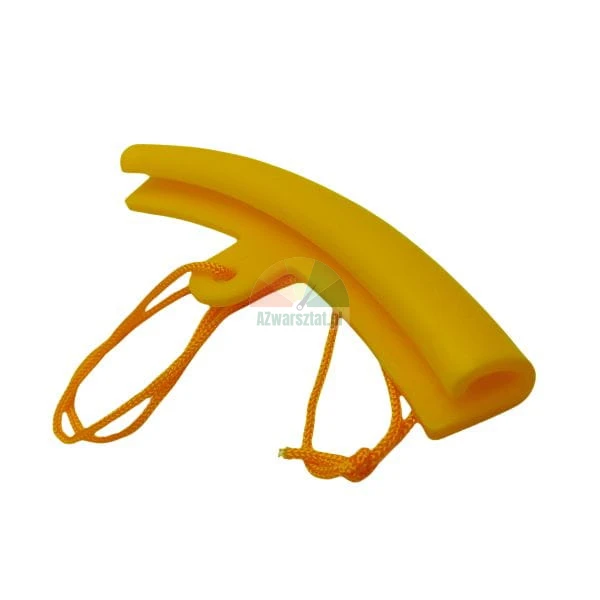 Yellow rim protector with an orange string, used to prevent scratches during tire mounting.