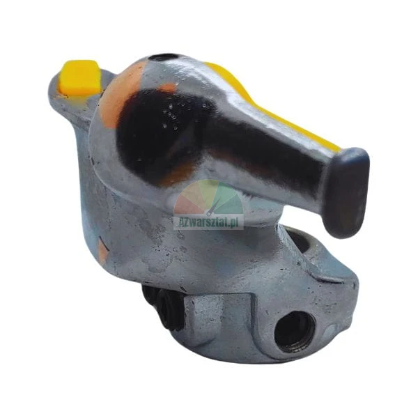 Metal clamping component with yellow plastic elements on a white background