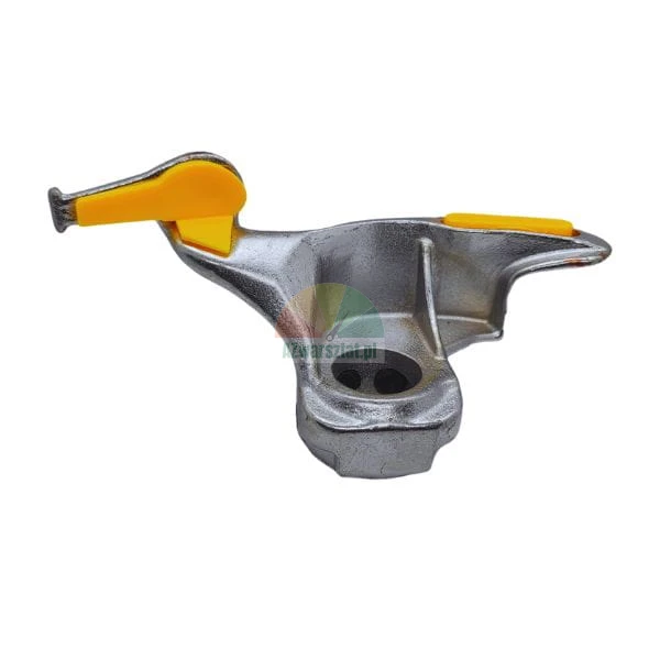 Metal tire changer mounting head with yellow plastic protectors.