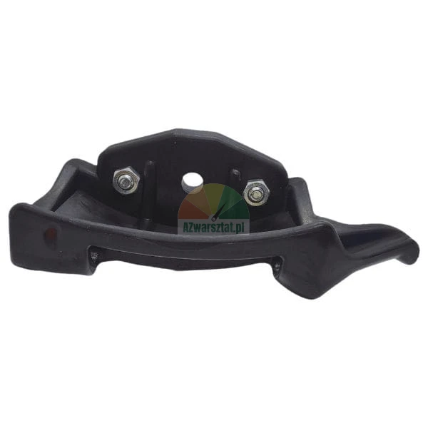 Black plastic component, likely a guide or bracket, with two nuts and a mounting hole.