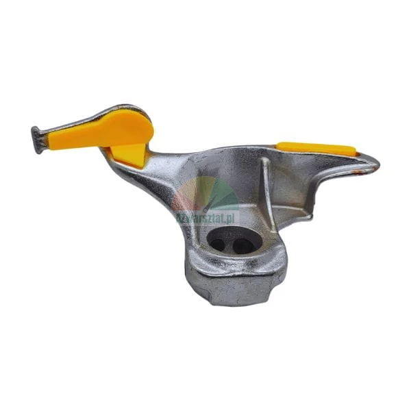 Metal tire changer mount demount head with yellow plastic protectors on a white background.