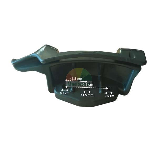 Black plastic mounting head for tire changer with technical dimensions