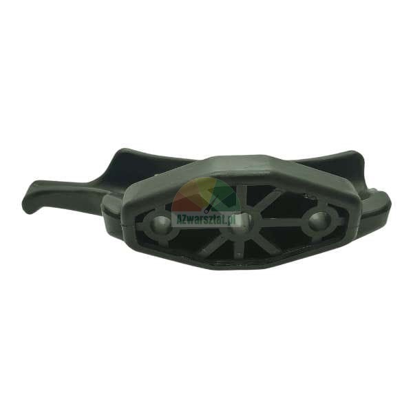 Black plastic lever component with structural ribbing and three mounting holes.
