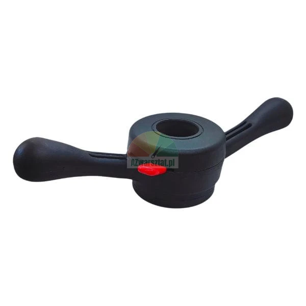 Black quick release barbell collar with a red locking button isolated on a white background.