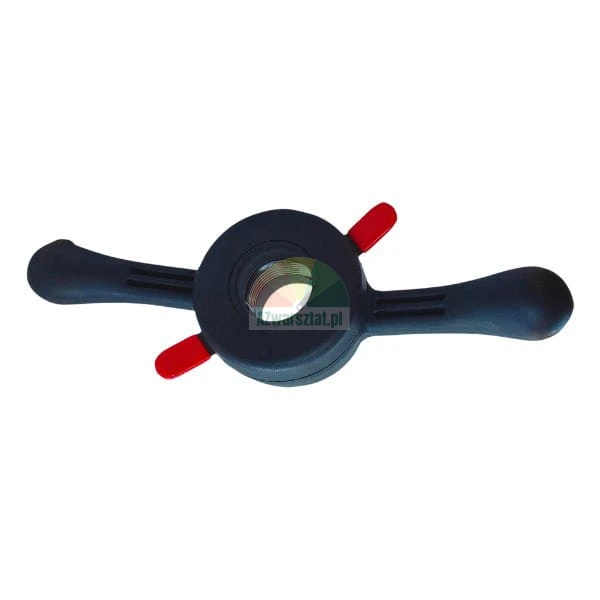 Quick release wing nut for wheel balancing machine, black with two handles and red release levers.