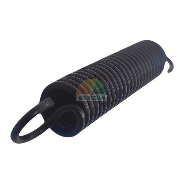 Black metal extension spring with hooks on both ends.