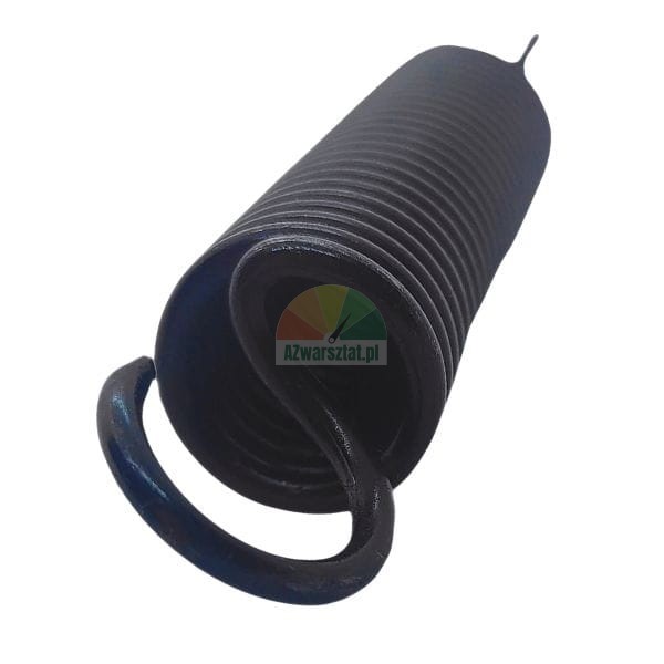 Black metal extension spring with a hook on a white background