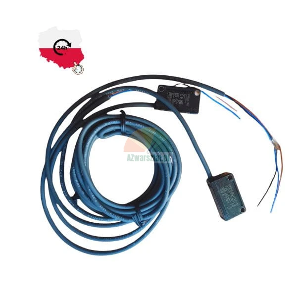 Magnetic safety sensor with long cable and two black heads on white background.