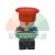 Red mushroom emergency stop button ZB2-BE102C with metal mounting base and NC contact block isolated on white.