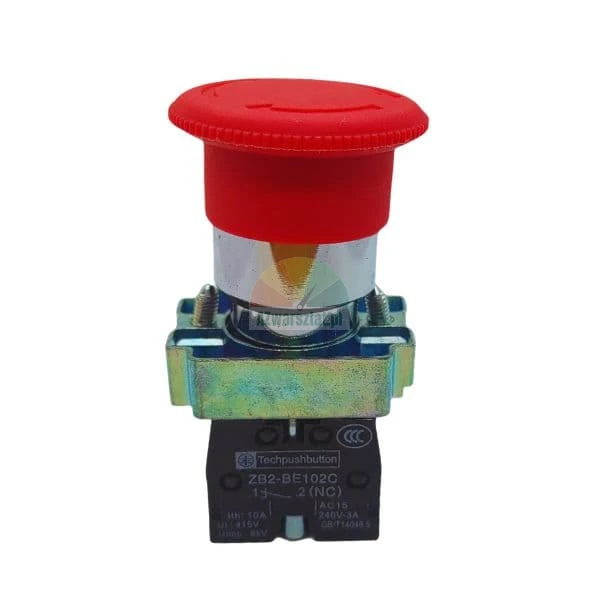 Red mushroom emergency stop button ZB2-BE102C with metal mounting base and NC contact block isolated on white.