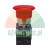 Industrial red mushroom emergency stop button with a metal base.