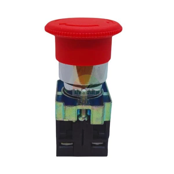 Industrial red mushroom emergency stop button with a metal base.