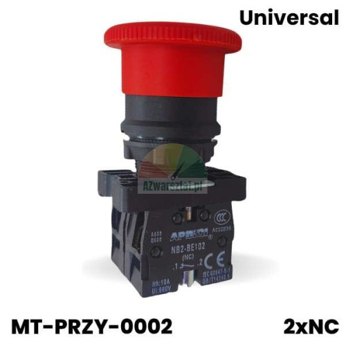 Red mushroom-style emergency stop push button with black body and 2xNC contacts.