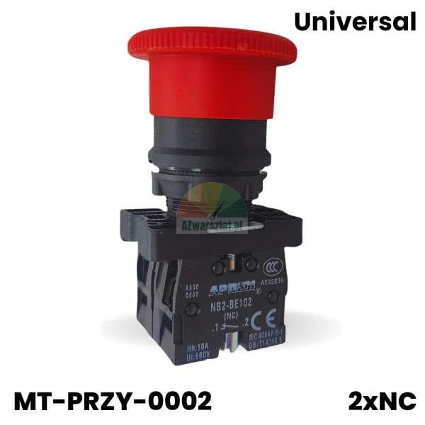 Red mushroom-style emergency stop push button with black body and 2xNC contacts.