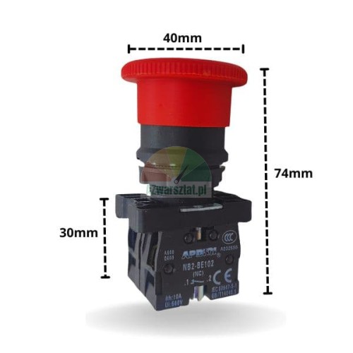 Emergency stop mushroom button 2xNC with dimensions