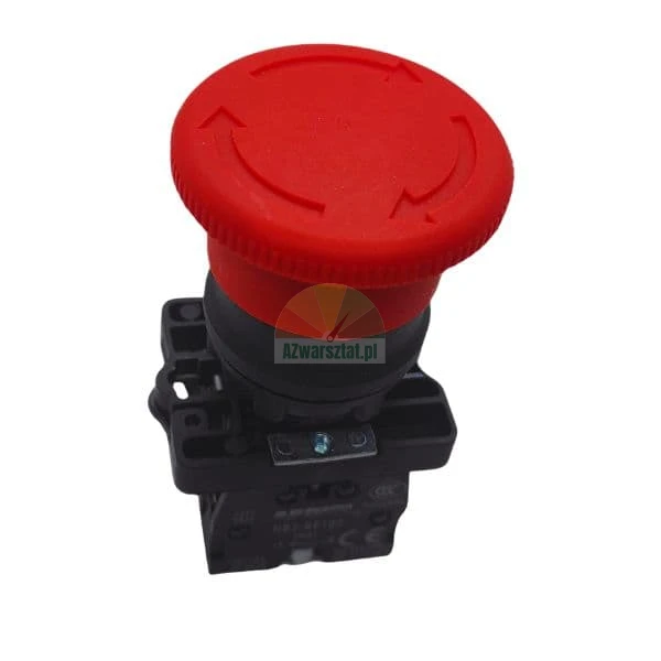 Red mushroom-style emergency stop button with directional arrows on a black mounting base.